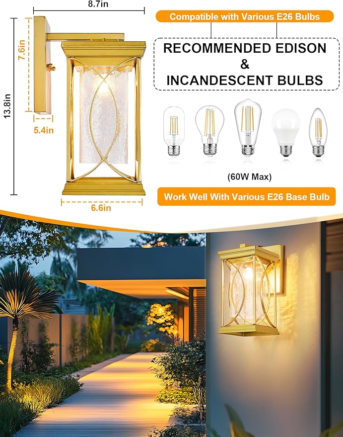 Gold OutdoorSconce Dusk to Dawn Exterior Light Fixtures Wall Mount Porch Light Modern Outdoor Wall Light Aluminum with Crack-Like Glass IP65 Waterproof Outside Coach Light for House