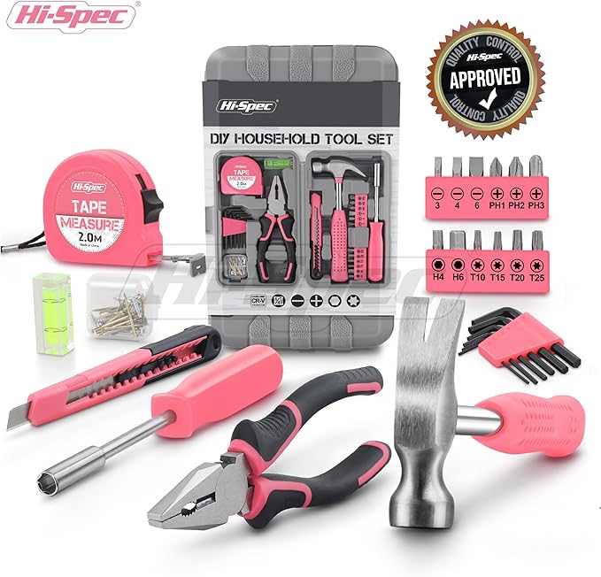 Hi-Spec Tool Set 25pc Pink Household DIY Tool Kit for Women. Small Mini Tool Box Set of Starter Basic Ladies Tools