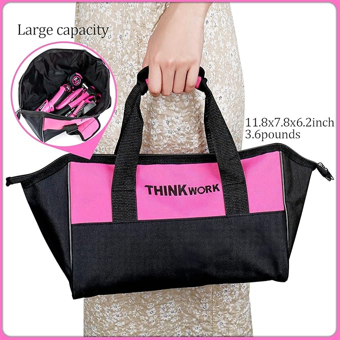 THINKWORK 41 Piece Pink Tool Set - Lady's Hand Tool Set with 3.6V Rotatable Electric Screwdriver, Home Repairing Tool Kit for Women with Large Mouth Open Tool Bag, Perfect for Home DIY, Daily Use