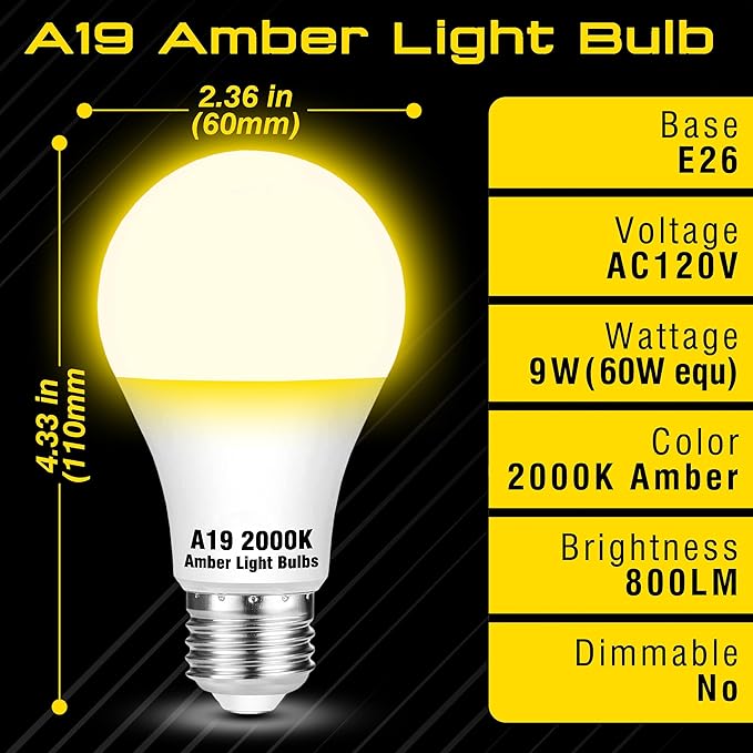 E26 Amber Light Bulbs 2000K, Warm Light Bulb 60W Equivalent, 800lm, A19 9W Soft Yellow Light Bulbs for Porch, Patio, Bedroom, Nursery, Healthy Sleep, Night Light, Non-Dimmable, 2 Pack