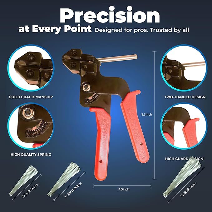 Metal Zip Ties Tool Stainless Steel Cable Tie Gun Kit with 150 pcs Stainless Zip Ties Metal & Cable Tie Buckle – Heavy Duty Tool for Securing Cables, Fencing, Exhaust Wrap, and More