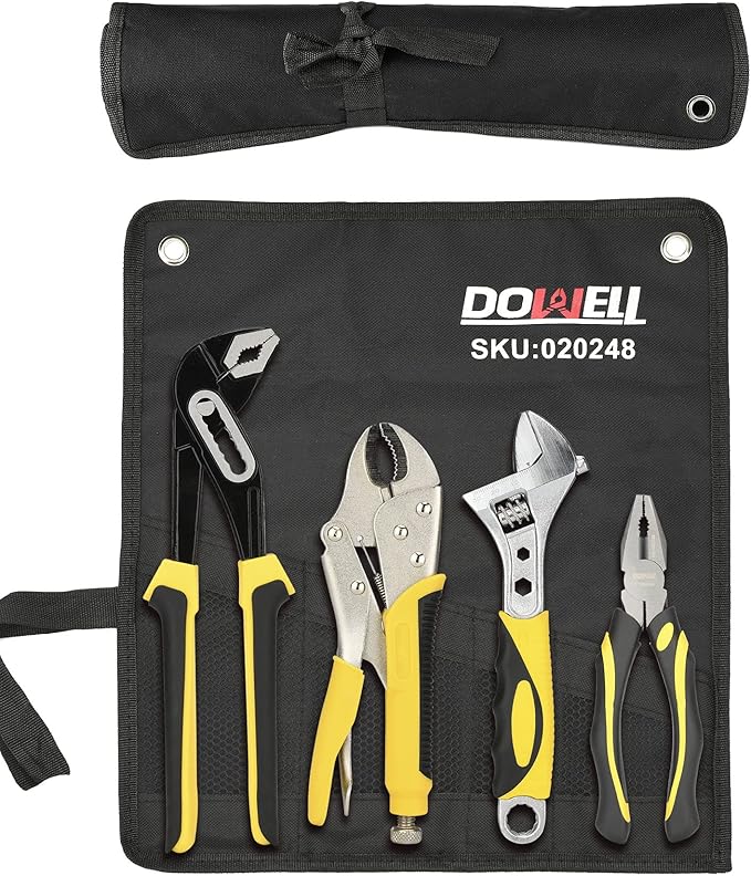 DOWELL 4-Piece Pliers Set - 8 & 10-Inch Combination, Locking & Groove Joint Pliers, Adjustable Wrench, Tool Pouch