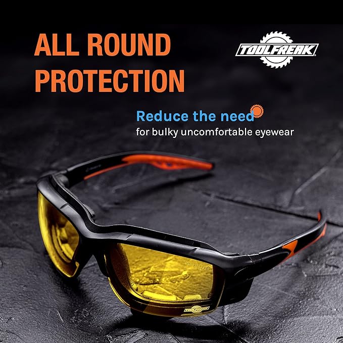 ToolFreak Spoggles Safety Glasses HD Yellow Polycarbonate Lens, Impact Protection, Foam Padded, ANSI Z87 Rated, Head Strap and Carry Pouch
