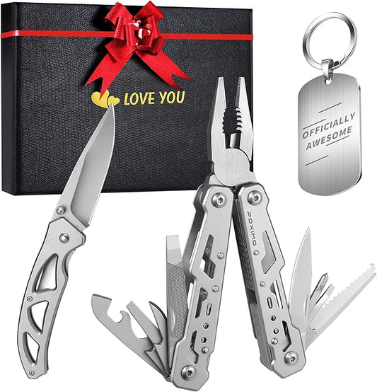 Multitools Gift Set ”LOVE YOU”, Gift for Husband Him 14-in-1 Multi-tool Pliers & Folding Knife Set with Keychain Tag, 3-Piece EDC Kit for Camping - Premium Gifting Box for Valentines Day, Birthday