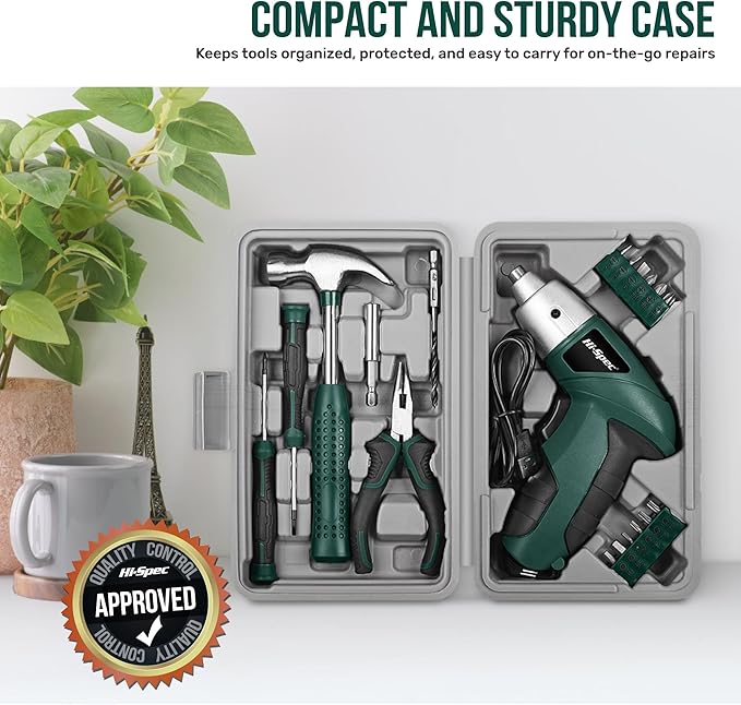 Hi-Spec 19pc 3.6V Green USB Small Power Screwdriver & Home DIY Tool Kit Set. Cordless & Rechargeable Electric Screwdriver and Compact Hand Tool Box Set