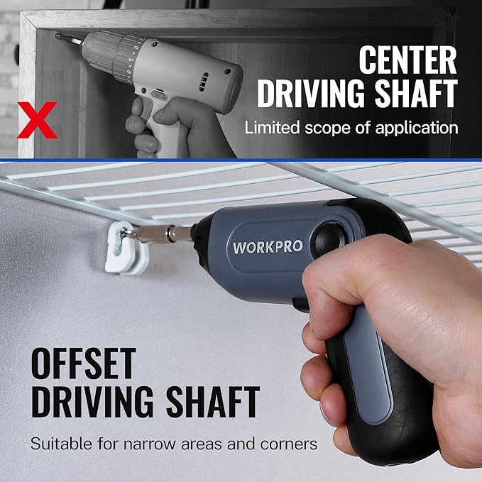 WORKPRO Electric Cordless Screwdriver with Offset Driving Shaft, 3.6V Automatic Rechargeable Screw Driver with 22PCS Bits, Battery Powered Automatic Screw Gun with LED Light & Carrying Case