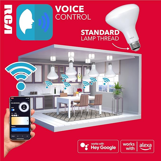 RCA Dimmable Smart Light Bulbs, 1-PK | BR30 WiFi LED Light Bulb | Indoor Flood LED Bulbs | 9W (60W Eq) | 2700K Soft White, 720 Lumens, E26 Base | Voice Activated Lights, Google & Alexa Light Bulb