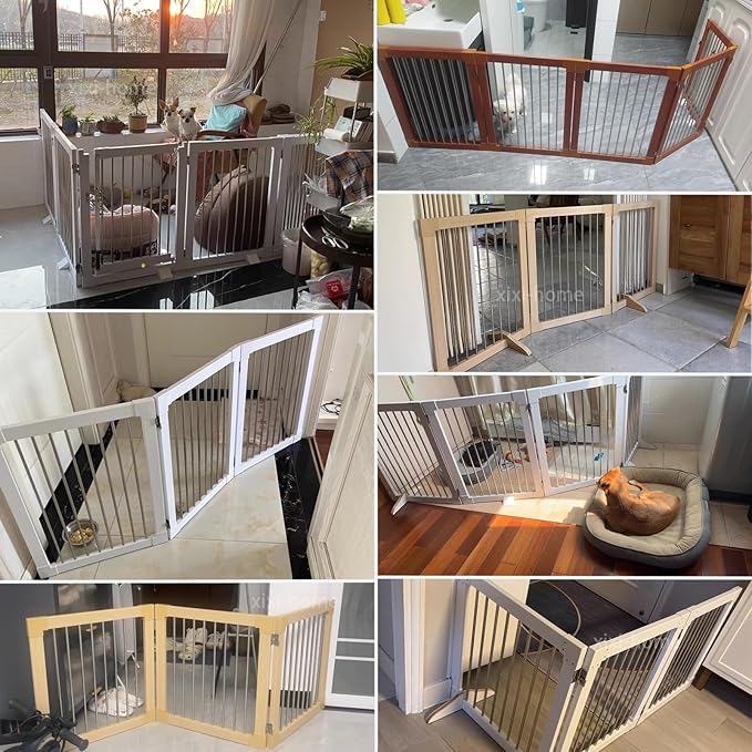 Foldable Wooden Dog Gates 82.6" Wide, 27.5" Tall Freestanding Pet Gate Dog Fence No-Installation Puppy Safety Fence Extra Wide Puppy Barrier for Doorways,Stairs, or Hallways-4 Panel,White