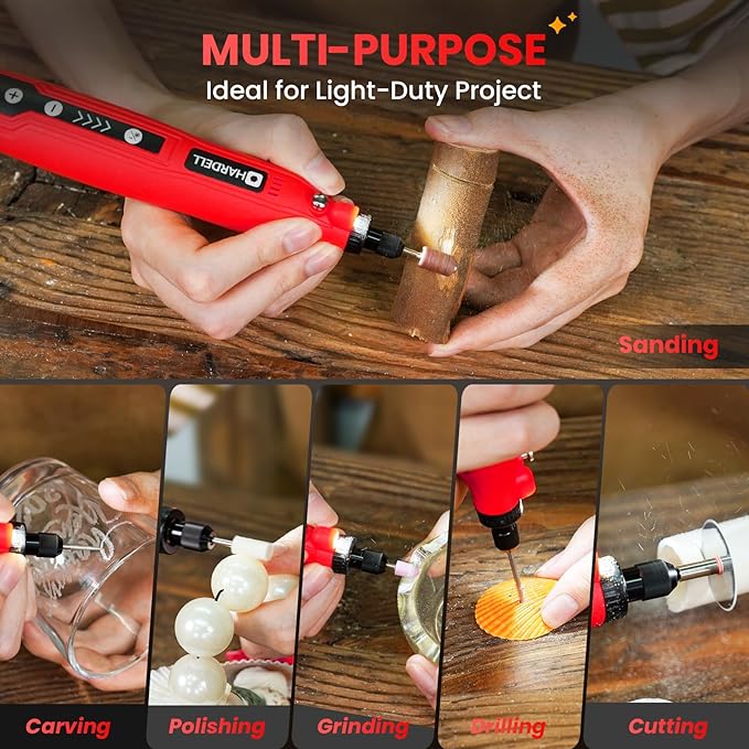 HARDELL Mini Cordless Rotary Tool Kit, 5-Speed and USB Charging with 69 Accessories, Multi-Purpose 3.7V Power Rotary Tool for Sanding, Polishing, Drilling, Etching, Engraving, DIY Crafts (Red)