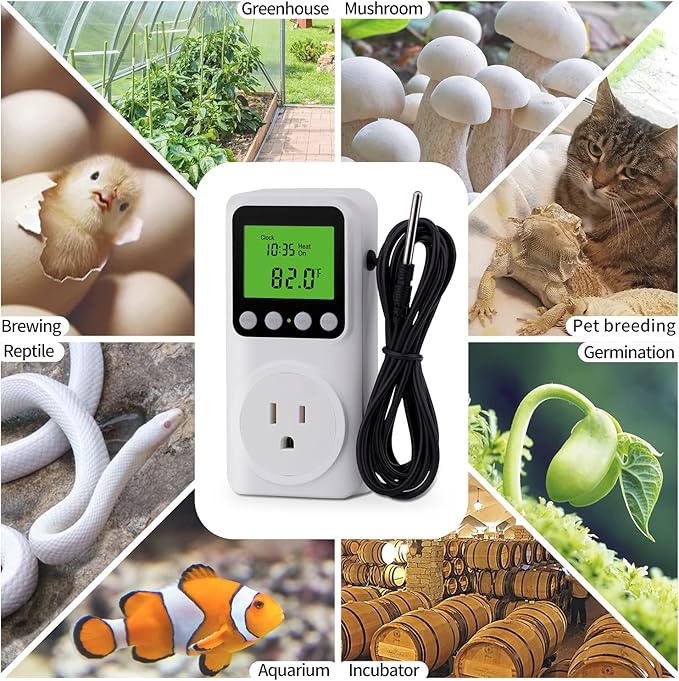 Digital Day-Night Smart Thermostat, 15A Day-Night Temperature Controller, Support Heating/Cooling Mode, Clock Function, ℃/℉ Plug-in Outlet Timer Thermostat with LCD Screen Backlight Function 110V