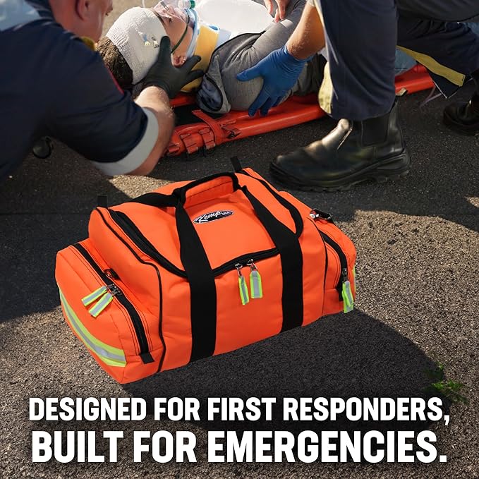 Kemp USA Maxi Trauma Bag - Large First Aid Kit for EMT First Responders - Water Resistant 600D Nylon - Buckle Closure with Adjustable Strap & Reflective Trim - Orange