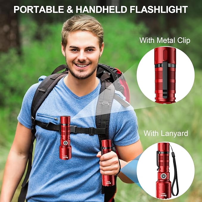 Flashlights High Lumens Rechargeable, Super Bright Long Range Small Powerful Flashlight, 6 Modes LED Tactical Pocket Waterproof Flash Light for Home Emergency (2, Red)
