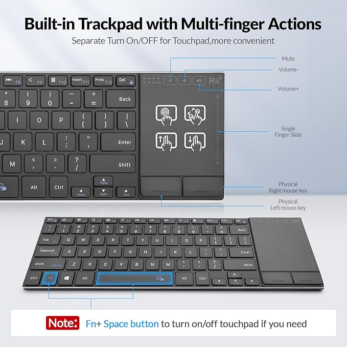 Rii 2.4G Wireless Keyboard,Bluetooth Keyboard(BT 5.1+2.4G),Aluminium Alloy Portable with Touchpad for Computer,PC,Tablet,iPad,Android TV Box,Smart TV,Windows,Mac (Black)
