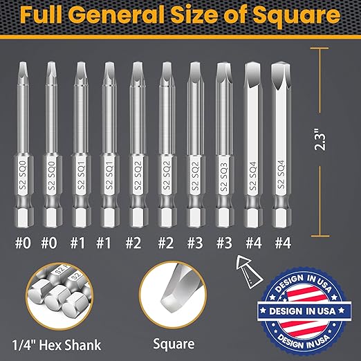 MulWark Robertson Square Allen Wrench Drill Bits Set 10PC Screwdriver Bit Set, 2.3" Long 1/4" Diameter Quick Release Shank Magnetic Square Drive Bit Set for Assembling Furniture