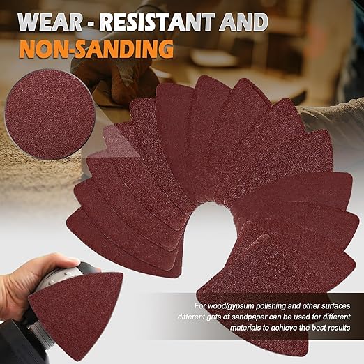 136Pcs Oscillating Tool Sanding Pad Kit, Contains 6Pcs Triangle Sanding Pads and 130Pcs Multitool Sandpaper, 60 80 100 120 240 Grits Oscillating Multi Tool Sandpaper Great for Wood&Plaster Polishing