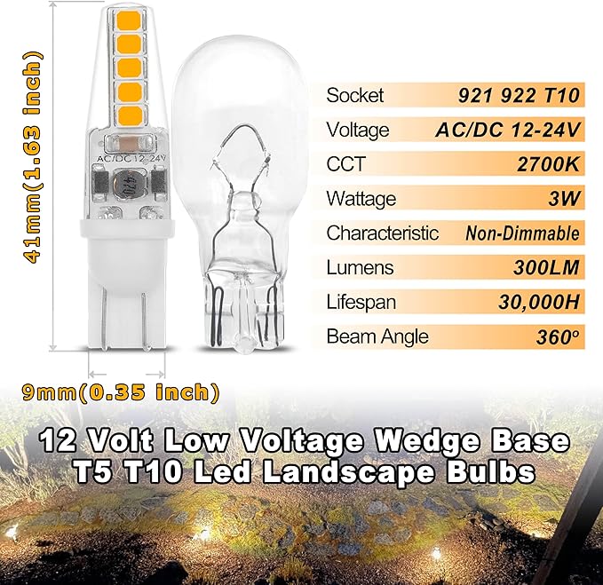12 Volt Low Voltage Wedge Base Led Landscape Bulbs T5 T10 3W 300lm,T5 Malibu Path Garden Light Bulbs,921 922 912 194 168 T10 RV Camper Trailer Motorhome Marine Boat Dome Light,2700K Warm White,10 Pack