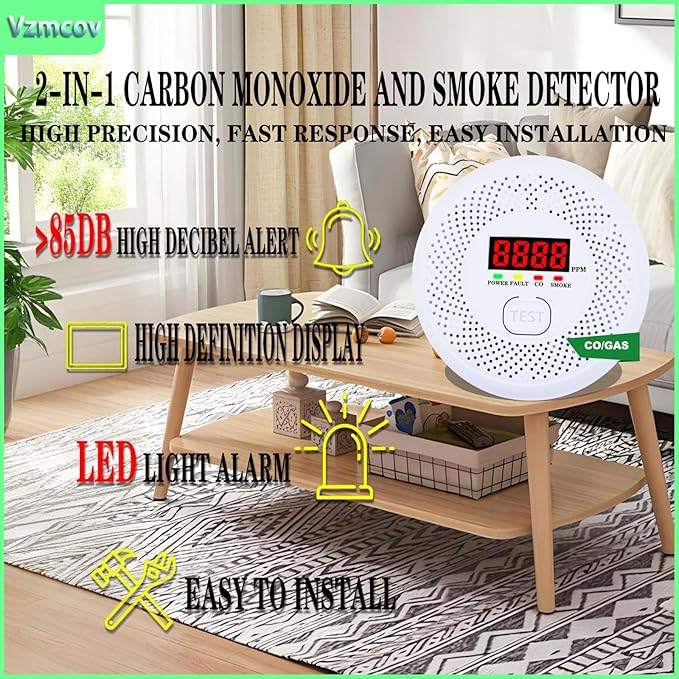 Carbon Monoxide and Smoke detecto LCD Display, Battery Powered, Dual sensors, 85dB Voice Alarm and Real-time Tracking, Suitable for Home/Kitchen/Bedroom/RV (Small Screen, 6Pack-CO&Smoke)