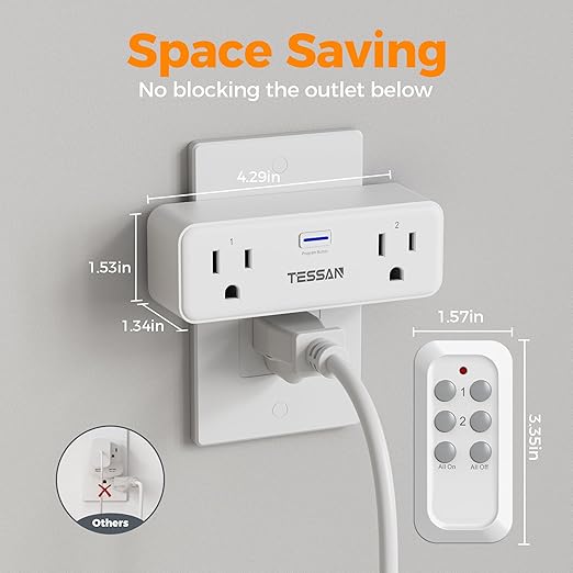 TESSAN Remote Control Outlet Plug, Wireless Light Switch with 2 Independent Sockets, ON/Off Remote Outlet Switch for Indoor Lights, Lamps, Fans, Home Small Appliances, 100 Ft Range,1875W