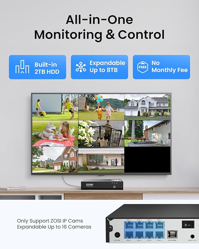 ZOSI C220 4K 8MP 8CH POE NVR Security Camera System (16CH Expandable), 8 x 8MP PoE IP Dome Cameras Outdoor Indoor, AI Human/Vehicle/Face Detection, Two-Way Talk, 100ft IR Night Vision, 2TB HDD