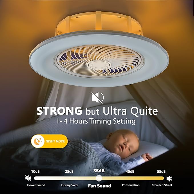Ceiling Fans with Lights and Remote Control 22 inch with Ambient Light Bladeless Low Profile Ceiling Fan Flush Mount Enclosed Smart Ceiling Fan Light LED Dimmable Lighting (Moonlight Model)
