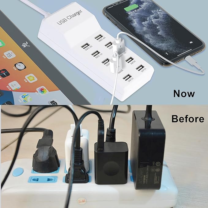 White 10-Port USB Charging Station for Phones, Tablets, Smartphones and Watch - 10 USB-A Ports