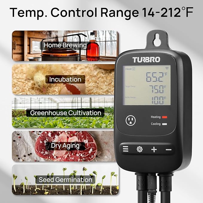 TURBRO Smart Temperature Controller Heating Cooling, WiFi-Enabled Thermostat with Timer and Temperature Monitoring for Home Brewing, Seedling, Greenhouse, and Reptile Terrarium, TC01