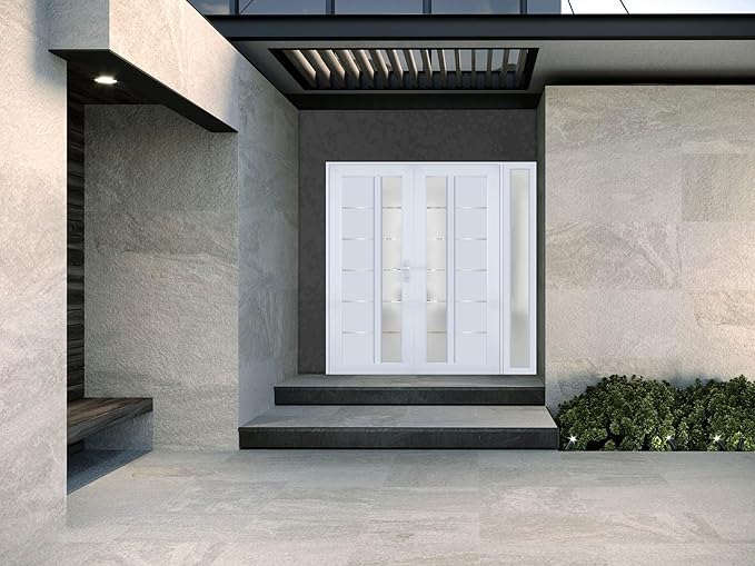 VDOMDOORS Front Exterior Prehung Metal-Plastic Double Doors/MANUX 8088 White Silk/Sidelite Exterior Window/Residential Doors Entrance Patio Garage 84 x 80