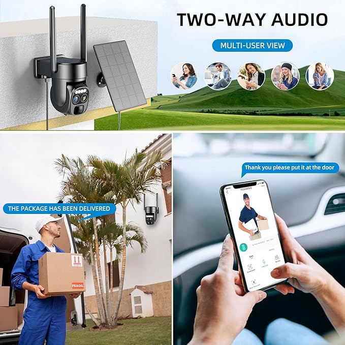 Hawkray Pannel Solar Wireless Outdoor Security Camera, Dual-Lens, 10xZoom, 2K Resolution 3MP 360°Pan/Tilt,2.4&5G WiFi Battery Powered Camera with Spotlight Alarm PIR Motion Detection