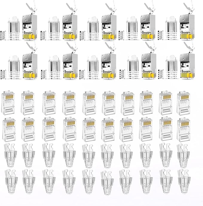 rj45 Crimp Tool Kit, Pass Through Cat7 Cat6A Cat6 Cat5e Cat5 rj45 Crimping Tool with 10PCS Cat7 Shielded Connectors 10PCS Covers 20PCS Cat6 Pass Through Connectors 20PCS Covers Network Tester