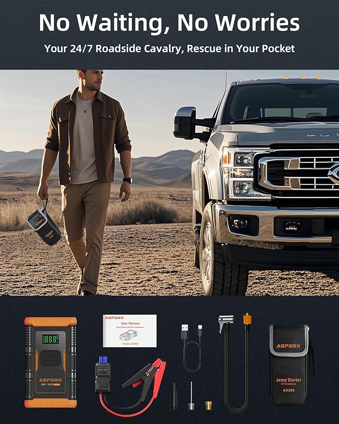 ASPERX Jump Starter with Air Compressor,γUpgrade & Safety Certsγ10L Gas/8L Diesel(Almost All Cars) 12V Jumper Box Car Battery Jumper Starter Portable with Tire Inflator, Jumper Cables, Display & Light
