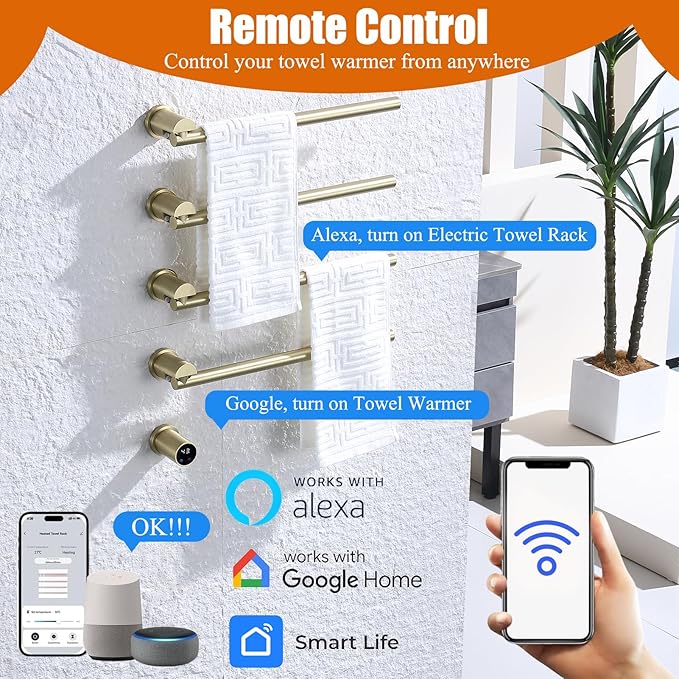 Electric Towel Warmer Concealed Smart, 75W Swivel Heated Towel Rack for Bathroom, Built-in Modular Electric Towel Rack with Timer, Thermostat, LED Display, APP, 4 Bar 180° Rotation, Hardwired, Gold