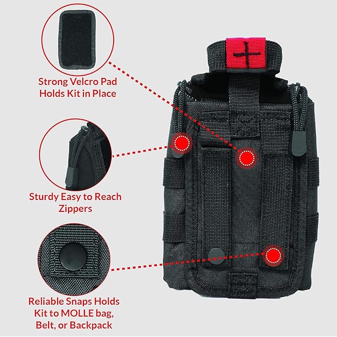 Premium Tactical Trauma IFAK Kit with Celox Hemostatic Granules, SOF Tourniquet and Pressure Bandage in Molle Pouch, Bleeding Control Kit (Black)
