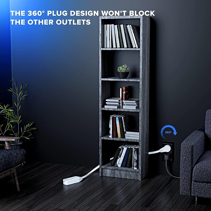 Maximm Cable 2 Ft 360° Rotating Flat Plug Extension Cord/Wire, 16/3 AWG Multi 3 Outlet 3-Prong Grounded Wire- White - UL Certified