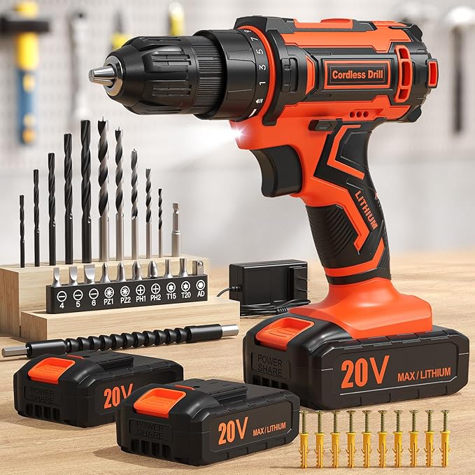 Cordless Drill, 20V Power Drill, Double 2000mAh Power Pack Electric Drills, Cordless Drills with Power Pack and Charger, 3/8" Keyless Chuck Screwdriver with 25+1 Max 370 In-lb Torque, 42Pcs Bits