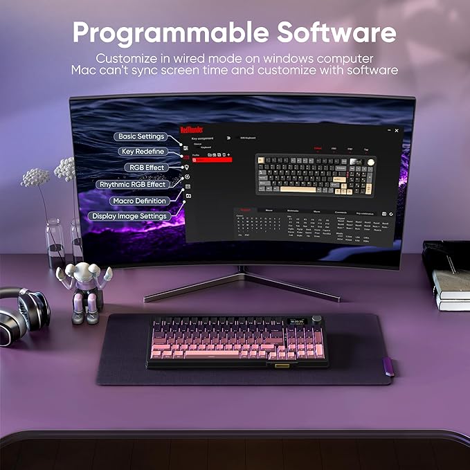 RedThunder K95 Wireless Mechanical Keyboard,TFT Screen & Knob, Trip-Modes Connection, Gasket Custom Hot-Swap Keyboard, RGB Backlit, Pre-lubed Linear Switches, Side Printed PBT Keycaps, Gradient Pink