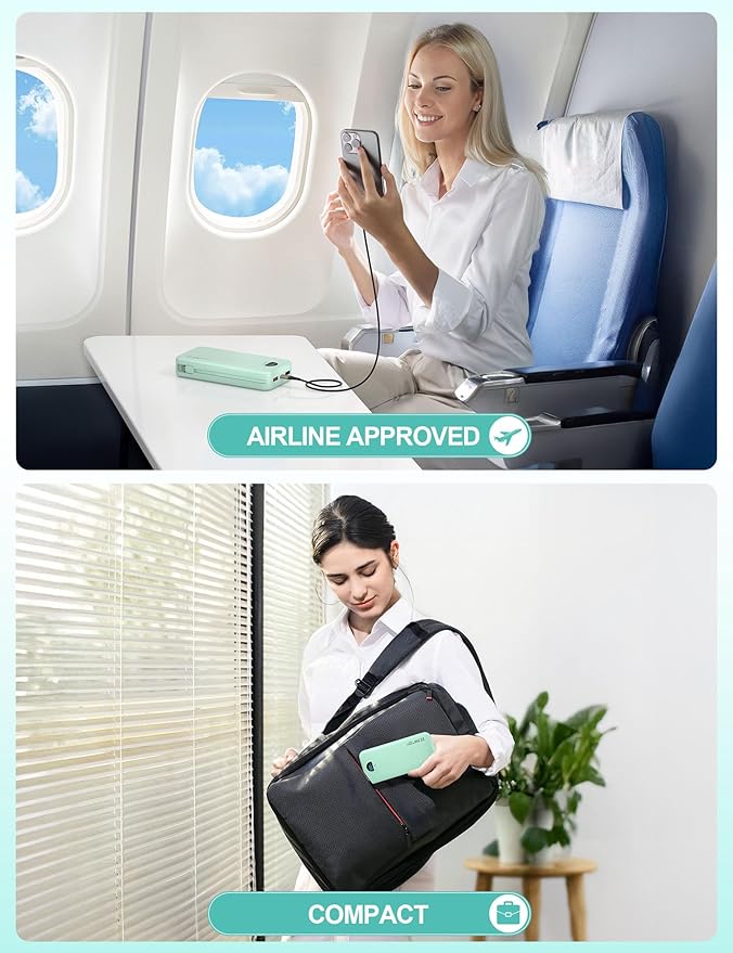 Portable Power Bank, 20000mAh 22.5W USB C Fast Charging Power Bank with Built-in Cables & Wall Plug, External Battery Pack with LED Display, Ultimate Travel Essential for iPhone, iPad, Samsung Green