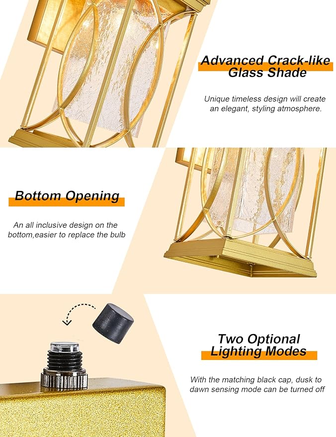 Gold OutdoorSconce Dusk to Dawn Exterior Light Fixtures Wall Mount Porch Light Modern Outdoor Wall Light Aluminum with Crack-Like Glass IP65 Waterproof Outside Coach Light for House