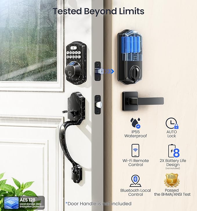 Veise VE012W Built-in WiFi Fingerprint Smart Lock, App Remote Control, No Hub Needed, Keyless Entry, Front Door Smart Deadbolt, Digital Keypad, Auto Lock, IP55 Waterproof, BHMA Grade 3, Matte Black