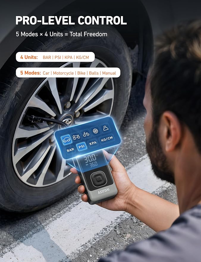 AstroAI L7 Air Tire Inflator Portable Air Compressor, 150PSI Electric Cordless Pump with Fast 1-min Inflation, Auto Shutoff, LED Light – Rechargeable for Car, SUV, Motorcycle, Bike Tires (Grey)