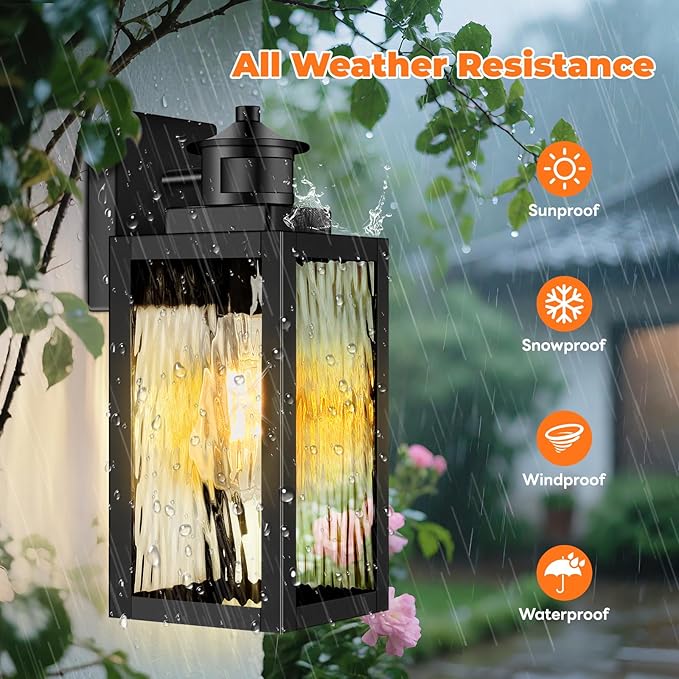 13.6" Motion Sensor Outdoor Wall Sconce Lantern, Exterior Waterproof Wall Lights Fixtures with Water-Rippled Glass, Black Outside Mount Lighting for House, Porch, Garage, Patio, Bulbs Not Included