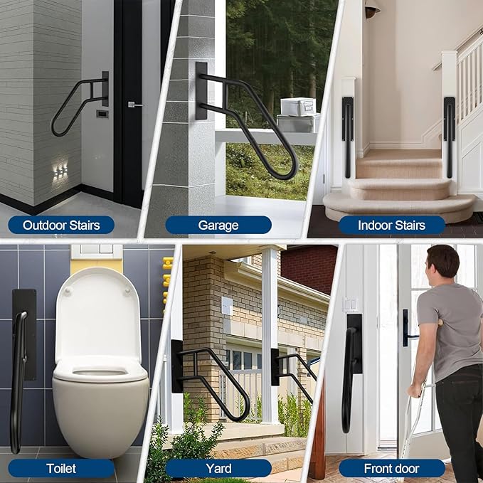 Handrails for Outdoor Steps, Stair Railing Indoor1-3 Step, U-Shaped Stairs Wall Mounted Metal Handrail for Garage, Porch, Yard and Garden - Black