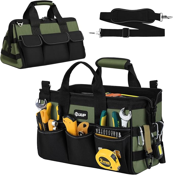 12-Inch Mini Small Tool Bag, 15-Pocket Portable Tool Box Organizer Storage, Heavy Duty Tactical Carrying Tote, Home Toolbag with Large Zipper, Father Day Dad Men Engineer Electrician Gift, Green