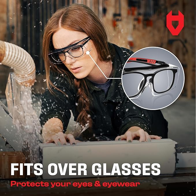 NoCry Safety Glasses That Fit Over Your Prescription Eyewear. Clear Anti-Scratch Wraparound Lenses, UV400 Protection, ANSI Z87 & OSHA Certified. Use in the Lab, Travelling, Black & Red (10-pack)