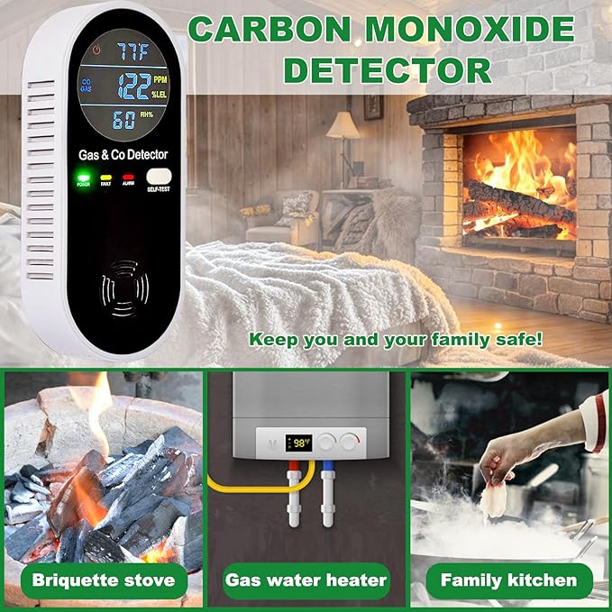 Combustible Gas & Carbon Monoxide Detector 4-in-1 Alarm with Temp/Humidity Sensor β Plug-in CO/Gas Leak Detector for Home, RV, Apartment Safety (Explosive Gas & CO Detection) 2-Pack