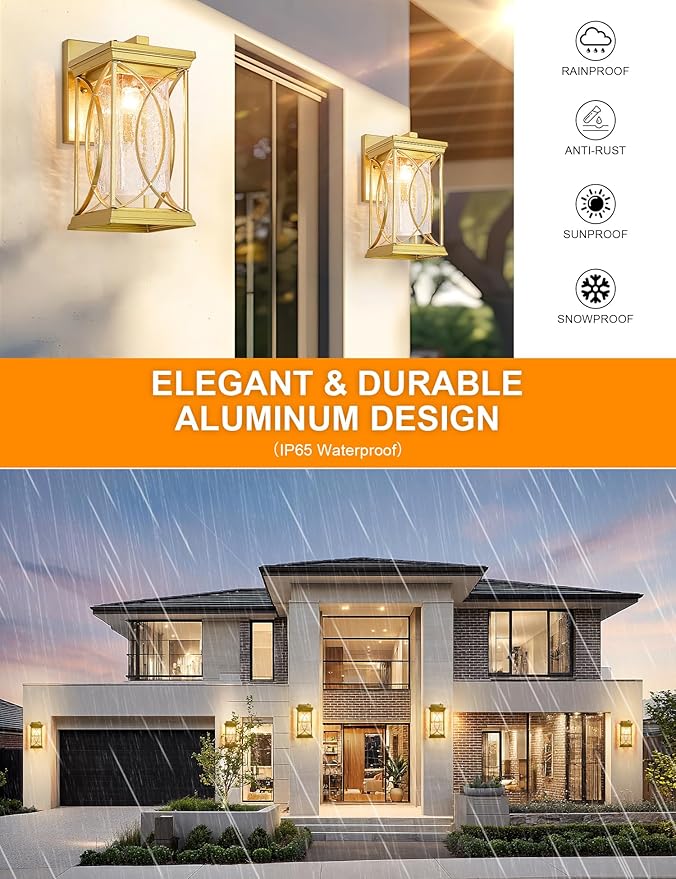 Gold OutdoorSconce Dusk to Dawn Exterior Light Fixtures Wall Mount Porch Light Modern Outdoor Wall Light Aluminum with Crack-Like Glass IP65 Waterproof Outside Coach Light for House