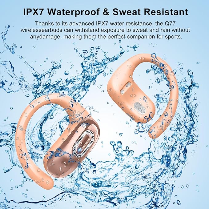 Open Ear Headphones, Bluetooth 5.4 Earbuds, 50H, Air Conduction Ear buds, HD Stereo Bass Over Ear Earphones with Earhooks, Ultra-Comfort Secure Fit, IPX7 Waterproof Headset for Working Sports, Orange