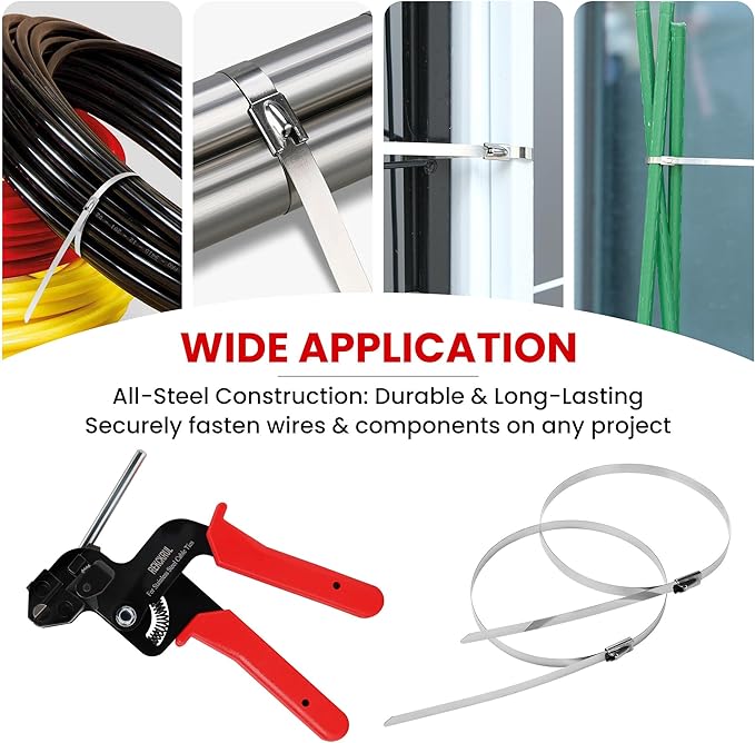 Stainless Steel Cable Tie Gun Set – Heavy Duty Metal Zip Tie Tool Kit - 150PCS Self-Locking Ties, Adjustable Fastening & Cutting Tool for Outdoor Fencing, Automotive, Exhaust Pipes (Red)