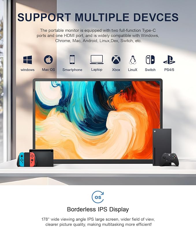 16.1" Portable Monitor, 1200P FHD Laptop Screen Extender, 360° Rotating Detachable Stand, Plug&Play Dual Monitor, Ultra-Thin Zero Frame Portable Screen for Laptop/PC/Mac/Windows/PS5