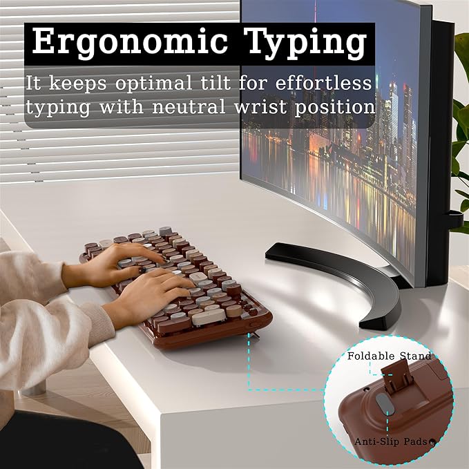Wireless Bluetooth Keyboard, Retro Typewriter Style Keyboard, Full-Size with Round Keycaps, 2.4GHz Plug and Play Connection for Windows, Mac, Laptop, PC, Desktop (Coffee-Colorful)