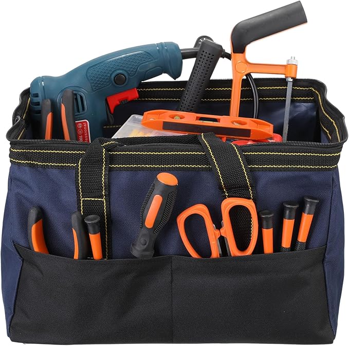 Silkfly 6 Pcs Tool Bag for Men Women Heavy Duty Tool Tote with Waterproof Hard Bottom Multi Pockets Large Mouth Organizer for Various Worker Electrician Carpenter Mechanic (16 Inch,Blue Green Red)